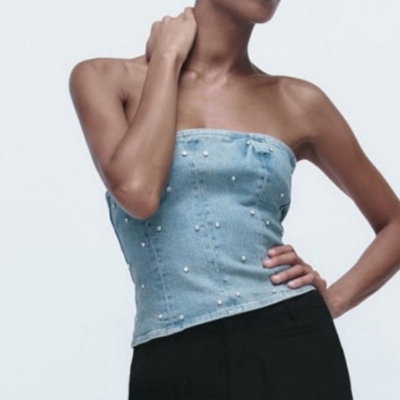 Zara Denim Top Jewel Corset Rhinestone size S - Picture 2 of 12